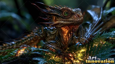 A spiny reptile rests in green ferns with warm yellow light under its throat