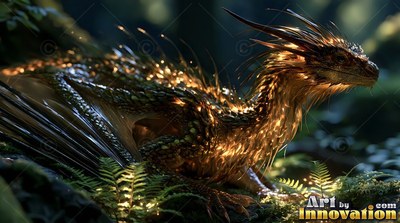 Crouched low on the forest floor, a spiky gold dragon rests in green ferns