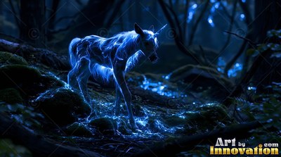 A bright blue unicorn walks through a dark mossy forest at night