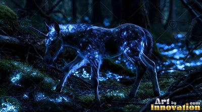 In a dark forest, a small horned foal walks across bright blue moss