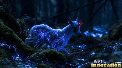 Running through a dark forest, a small blue unicorn bounds over mossy ground