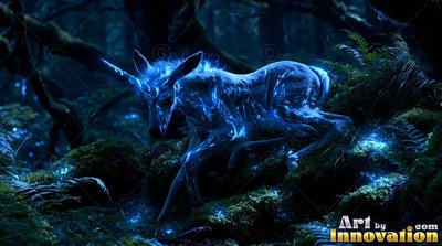 A blue horned deer creeps through a dark mossy forest