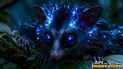 Shining blue quills tip a tiny dark possum crouched low on green leaves in the dark forest