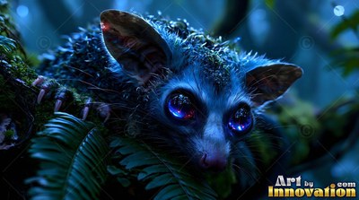 A tiny furry creature crouches on a mossy branch with deep blue light on its face