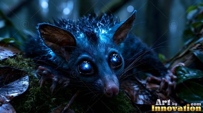 Crouching on a mossy log, a small blue creature with shiny eyes peers forward