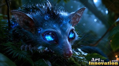 A fuzzy blue opossum crouches on dark moss with bright blue eyes