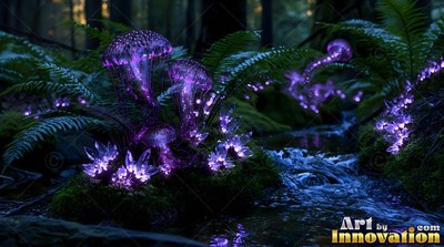 In a dark forest beside a stream, purple jelly-like mushrooms shine on moss