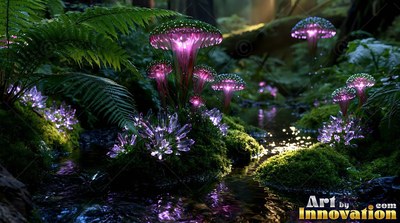 Shining along a dark creek, purple mushrooms sprout beside crystal clusters on mossy rocks