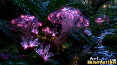 Jellyfish-shaped pink mushrooms shine near a dark creek