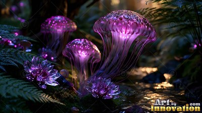 Translucent purple tendrils hang from jellyfish mushrooms beside a dark forest stream