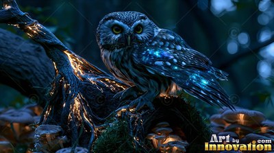 A small owl sits on a dark branch lit from within by warm yellow light