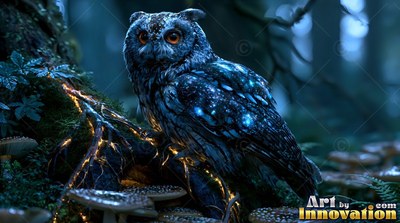 Perched on a dark log in the woods, a blue owl with orange eyes sits quietly