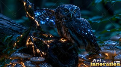 A tiny dark owl with blue spots sits on a mossy branch above mushrooms