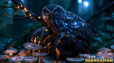 In a dark forest, an owl sits on a log above mushrooms and fairy lights