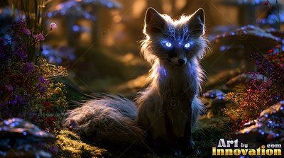Sitting on the mossy forest floor, a fluffy fox stares with bright blue eyes