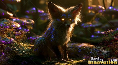 Small fox with bright yellow eyes sitting near purple mushrooms