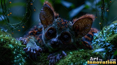 Round black eyes stare from a fuzzy brown bushbaby resting on moss sprinkled with blue lights