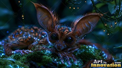 A big-eared furry critter rests on dark moss sparkling with bright blue specks