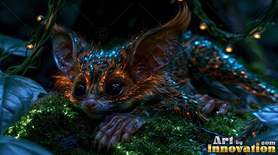 Crouched low on moss, a tiny big-eared creature rests under warm lights