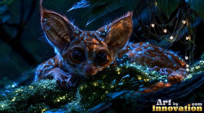 A tiny furry critter with huge ears rests on moss covered in sparkles