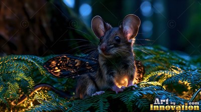 In a dim green forest, a small winged mouse sits perched on fern leaves