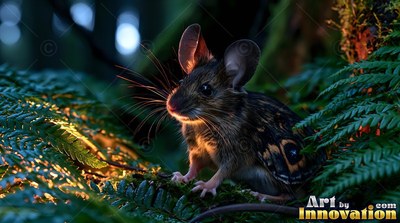 Crouching on green ferns, a winged mouse rests in warm light under a dark canopy