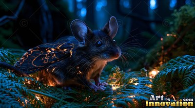 A tiny winged mouse resting on green fern leaves at night