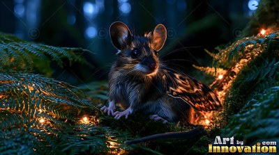 Spotted owl wings fold over a small furry mouse sitting on fern leaves in a dark forest