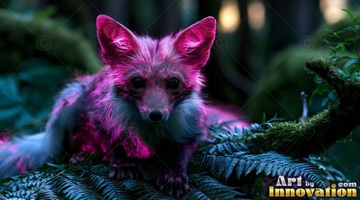 A small fox rests on green ferns with bright pink fur shining on its ears
