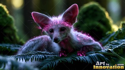 Lying on green fern leaves in the woods, a small fox sparkles with pink light
