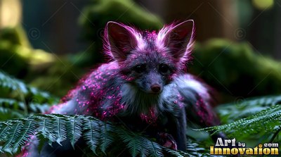 A small fox with bright pink fur rests on ferns in the shaded woods