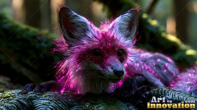 In a shaded forest, a small fox rests with bright purple fur over dark green ferns