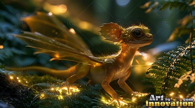 Perched on dark ferns, a tiny gold dragon spreads thin wings in warm light