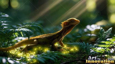 A small golden lizard crawls on green moss under sunbeams