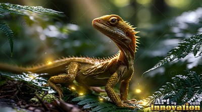 Spiky yellow lizard with a raised head sits among green ferns by shiny dots of light