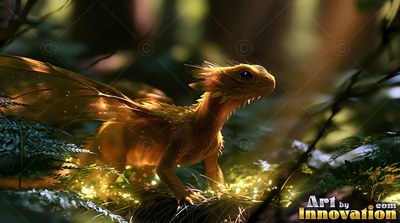 A small golden dragon crawls through dark ferns with bright yellow sparkles around its feet