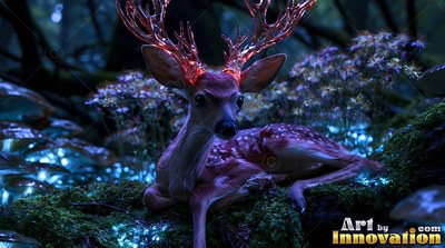 Lying down on mossy ground, a small deer rests with bright red antlers
