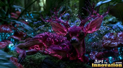 A shiny purple deer with large antlers rests on moss near blue lights