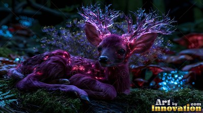 In a dark forest, a purple fawn with bright crystal antlers rests on mossy ground