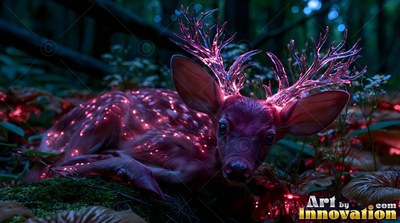Lying in the dark woods, a small deer with bright pink glass antlers rests on moss
