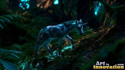 A small unicorn walks down a dark mossy slope in the woods