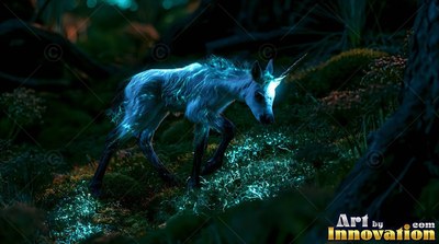 A bright blue horn tops a tiny unicorn calf walking across dark mossy ground