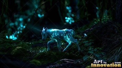 A tiny horned fawn walks across a dark forest floor lit by bright cyan light