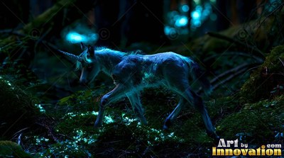 Walking in profile through a dark forest, a horned foal steps over bright blue moss
