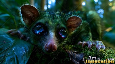 A furry green bushbaby with huge glassy eyes crawls across mossy ground