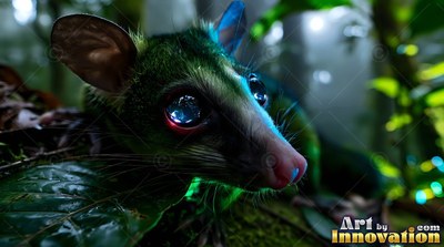 In a dark forest, a green furry critter with huge blue eyes peers through leaves