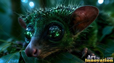 Peeking through green leaves, a tiny spiky mammal stares forward with huge glass eyes