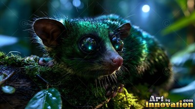 A fuzzy green creature with huge dark eyes sits on a mossy branch