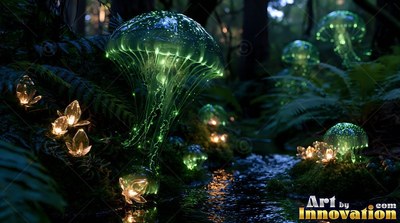 Green domed caps on jellyfish mushrooms shine beside small flowers along a dark stream bed