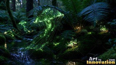 A jellyfish mushroom floats above mossy ground, shining with green light in a dark forest
